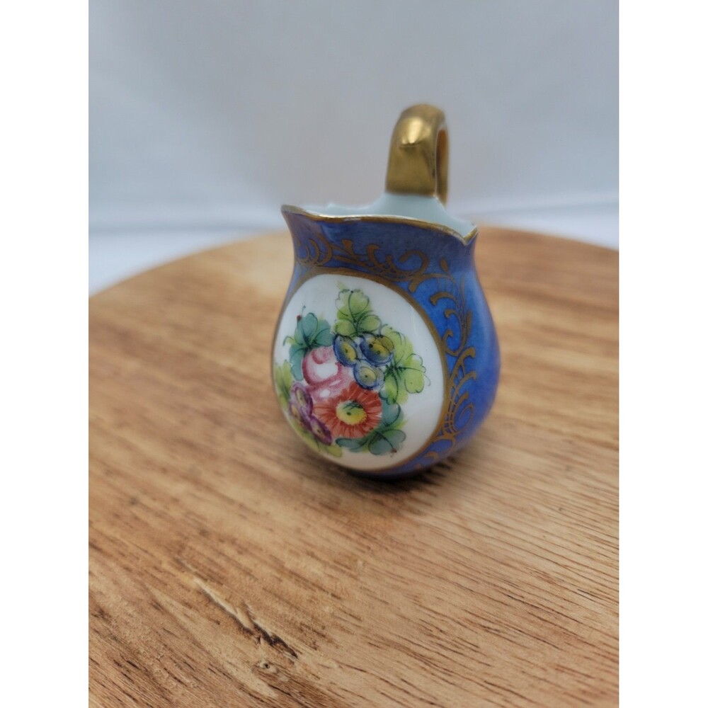 VINTAGE LIMOGES FRANCE Porcelain Mini 2.75" Hand Painted Pitcher Blue & Gold